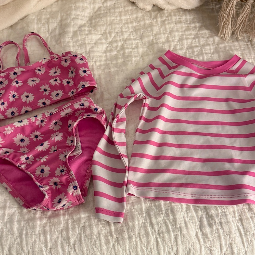 Pink Floral Bikini and Striped Rash Guard Set